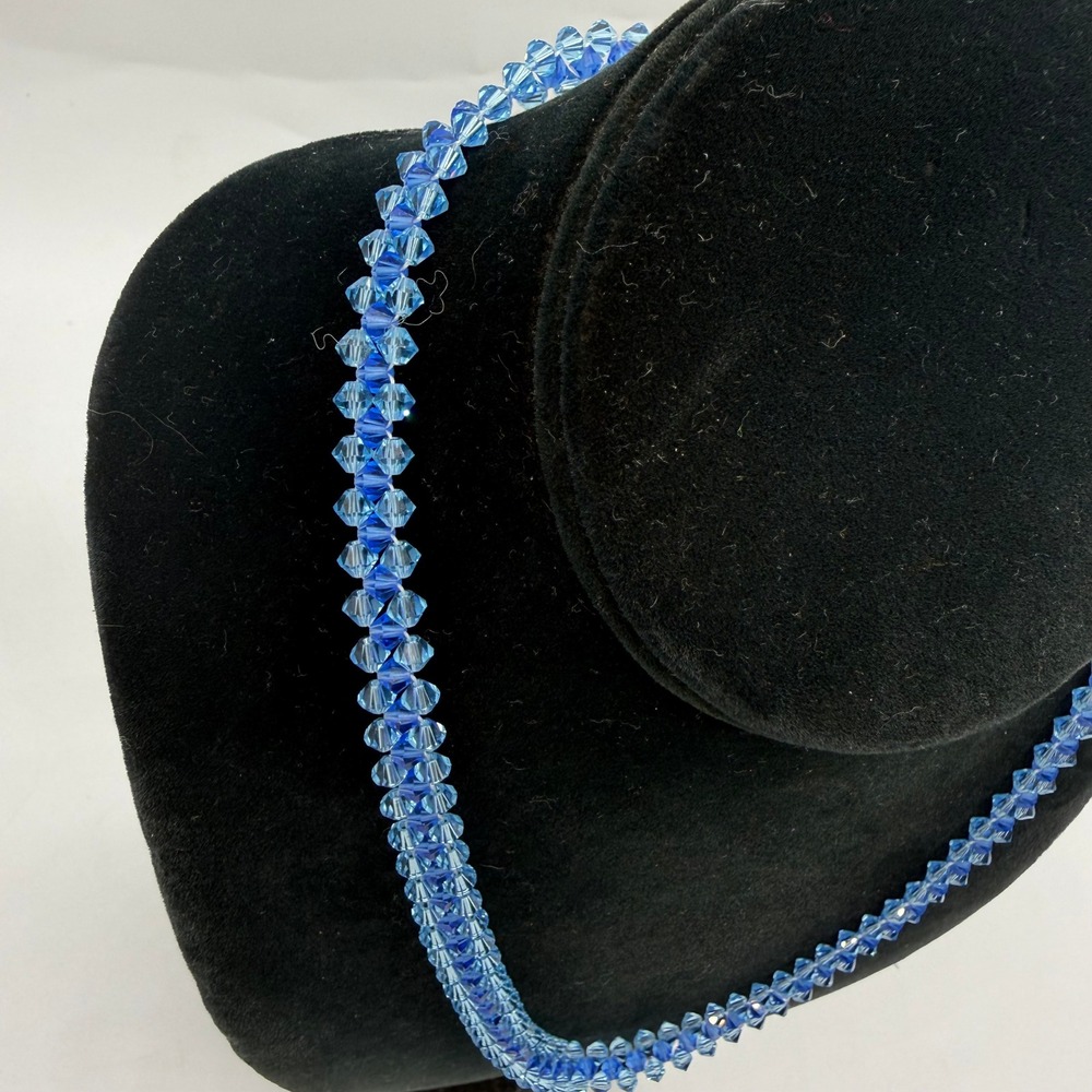 Vintage Blue Crystal Bicone Bead Strand Necklace Gold Tone Fishhook Clasp 17in